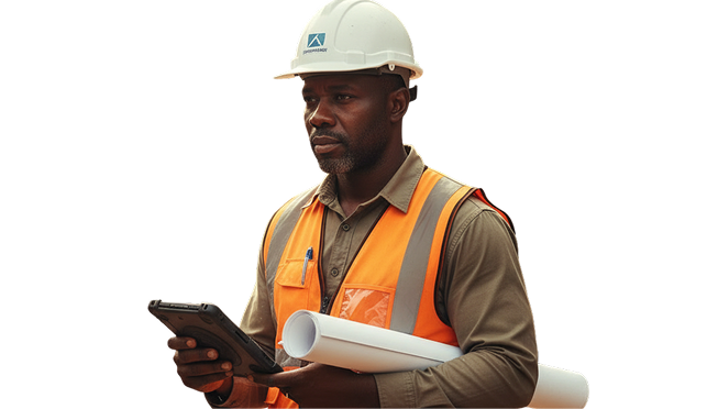 Site manager on-site with a tablet and blueprints